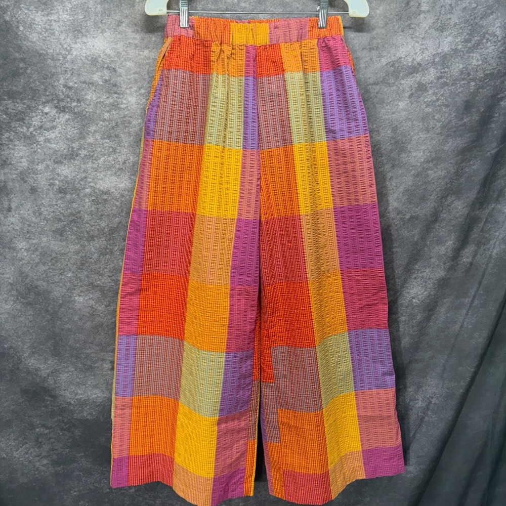 Next Girls 15yrs Orange Colorful Plaid Wide Leg Seersucker Pants Hippie Boho Y2K